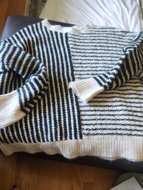 By Together Black Cream Asymmetrical Mixed Stripe Recycled Polyester Sweater